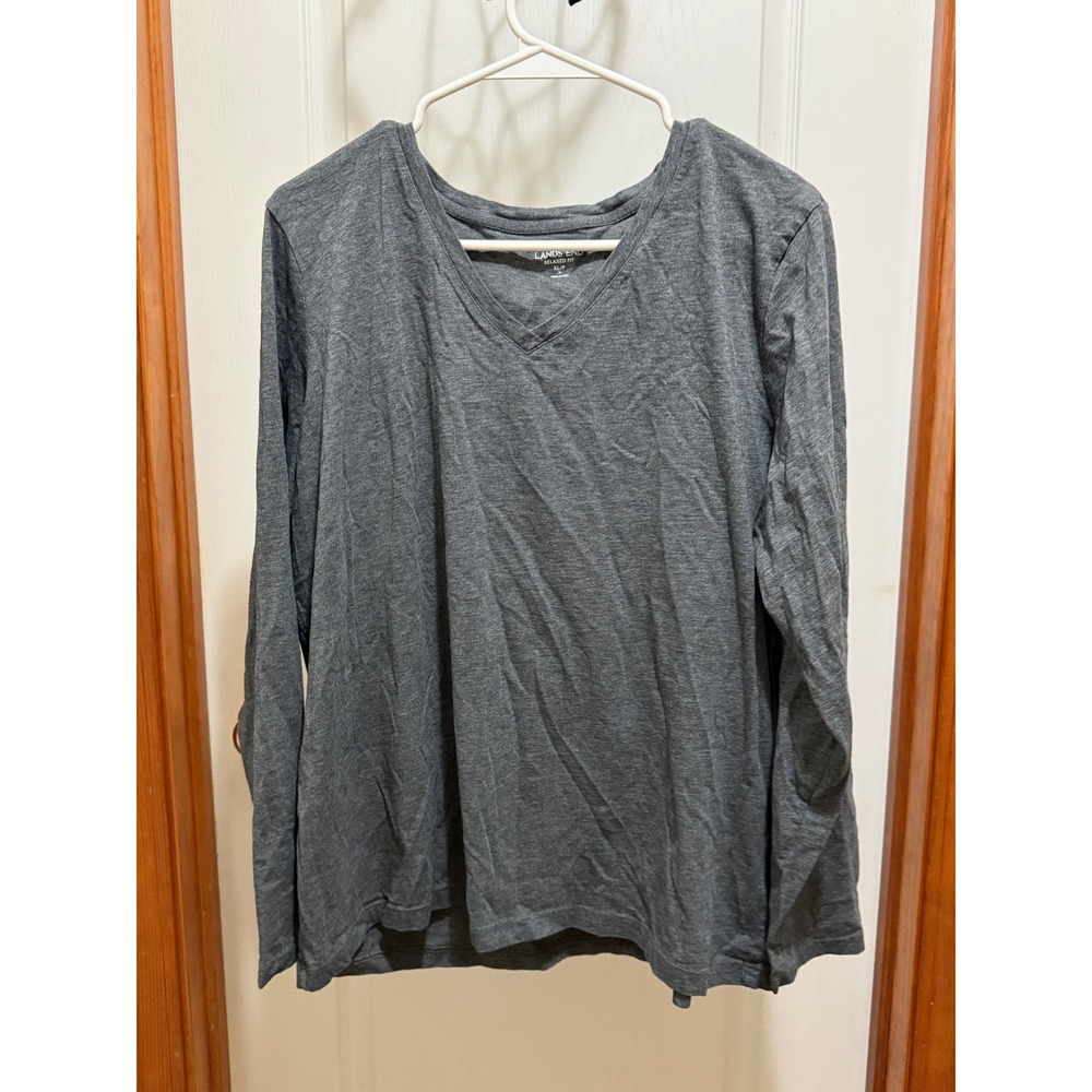 Lands End Womens XL Relaxed Fit V-Neck Long Sleeve Supima Cotton Tee Grey Heathe